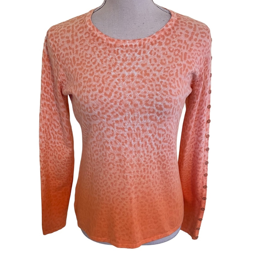 J. McLaughlin Orange and White Leopard Print Dip-Dye Button Detail Sweater
